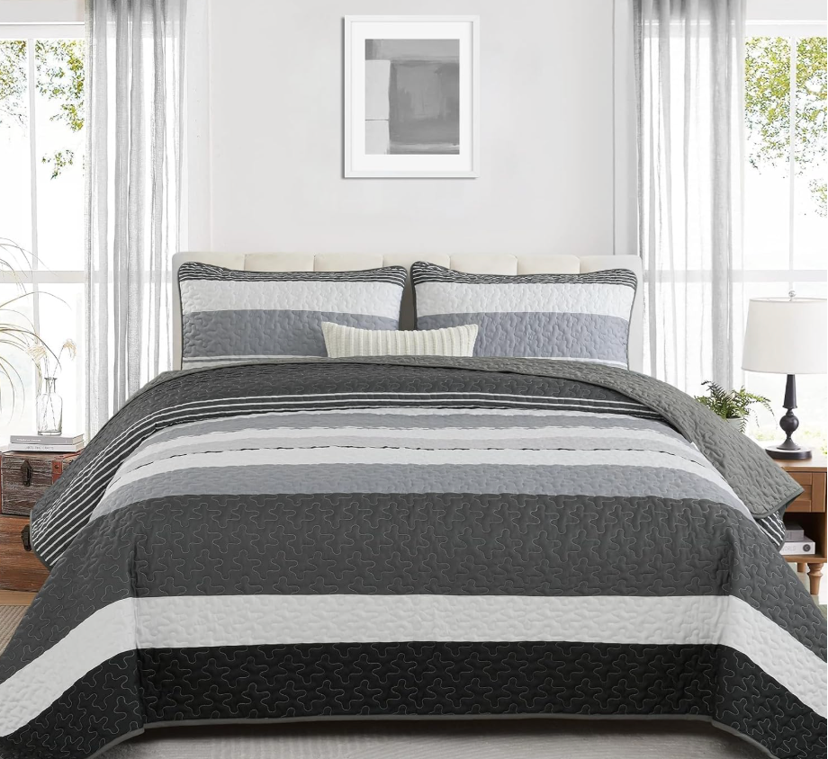 Dinjoy Black White Boho Quilt Set Queen,Dark Grey Striped Bedspreads Queen Size 3 Pieces Quilts Mens Bedding Sets Lightweight Coverlet Set with 2 Pillowcases Farmhouse for Fall Winter,  Only Blanket