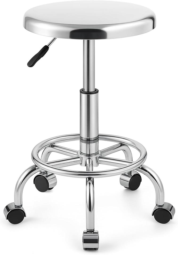 Heavy Duty Stainless Steel Stool for Work Bench, Adjustable Swivel Stool with 5 Wheels, 304 Stainless Steel Structure, Round Cushion, Load-Bearing 450 Ib, Pulley model