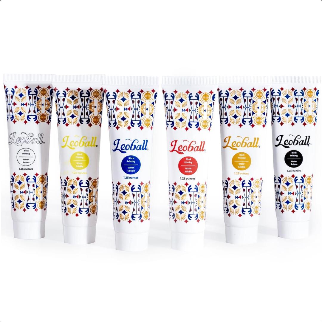 Leoball Water-Soluble Block Printing Ink Starter Set, 6 Bold Colors with Satin Finish, 1.25-Ounce Tubes