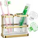 Toothbrush Holders for Bathrooms, Toothbrush Holder Wall Mounted, Kitchen Utensil Holder, 2 Cups Dry & Wet Separation, Kitchen Bathroom Tooth Brush Holder Organizers and Storage (White Gold)