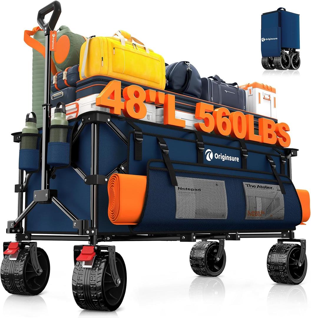 48" L Collapsible Wagon Cart Foldable, 560lbs Weight Capacity 300L Heavy Duty Folding Beach Wagons with Big All-Terrain Wheels, Utility Carts for Groceries, Shopping, Camping, Sports - Blue