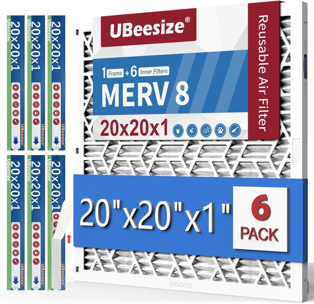 UBeesize Air Filter 20x20x1 (6-Pack), MERV 8 MPR 700 AC/ HVAC Furnace Filters, Deep Pleated Air Cleaner, (Actual Size 19.5 x 19.5 x 0.8 Inches), 1x Reusable ABS Frame+6x Filter, Easy Open/ Close