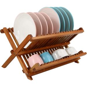 Utoplike Teak Dish Drainer Rack Collapsible 2 Tier Dish Rack Dish Drying Rack Foldable Plate Organizer Holder for Kitchen Compact