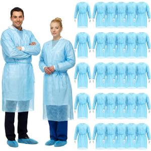 TrelaCo 30 Pcs Blue Disposable Isolation Gowns PPE Disposable Gowns Bulk Fully Closed Double Tie Back Elastic Cuffs for Home Isolation Labs Dental Beauty Agencies Women Men Adult Unisex