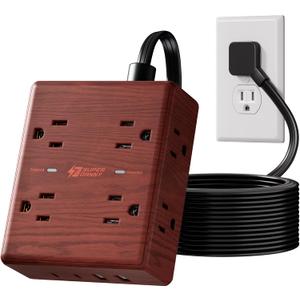 Brown Extension Cord 10Ft, Flat Plug Power Strip Surge Protector, 8 Outlets & 4 USB Ports (2 USB C), Desktop Charging Station Hidden Behind Furniture, Decorative Office Desk Accessories (Walnut Wood)