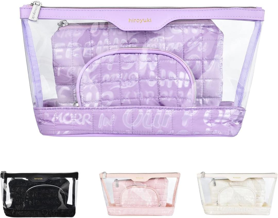 Hiroyuki Clear Makeup Bag Set, 3 Pack Transparent Toiletry Bags for Women (Purple)