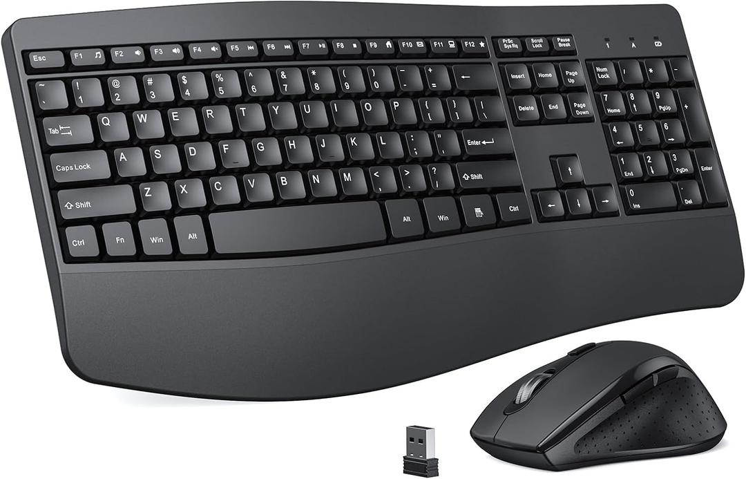 Ergonomic Keyboard and Mouse Combo, Full Size Cordless Computer Keyboard with Palm Wrist Rest Ergonomic Mouse for Windows Computers Laptops - Black