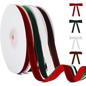 YANGTE 4 Colors Velvet Ribbon Set, 3/8" x 40Yard Premium Christmas Velvet Ribbon for Gift Wrapping, Christmas Tree Ornaments Handmade Crafts Bow Making Red, Green, White, Brown