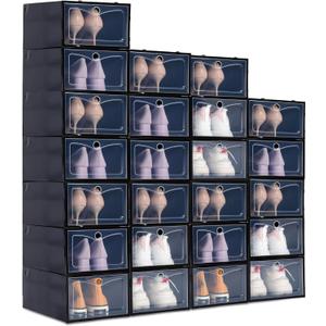 24 Pack Shoe Boxes for Closet Fit Size 9, Stackable Shoe Storage Organizers with Lids Foldable White Plastic Sneaker Containers Display Space Saving, 9.1 x 13 x 5.5 Inches(Black)