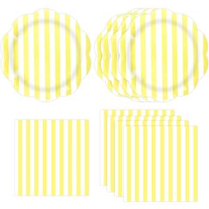 50PCS Yellow Striped Paper Plates and Napkins Party Supplies, Yellow and White Scalloped Party Plates and Napkins Tableware Set for Birthday Bridal & Baby Shower Wedding Party Decoration