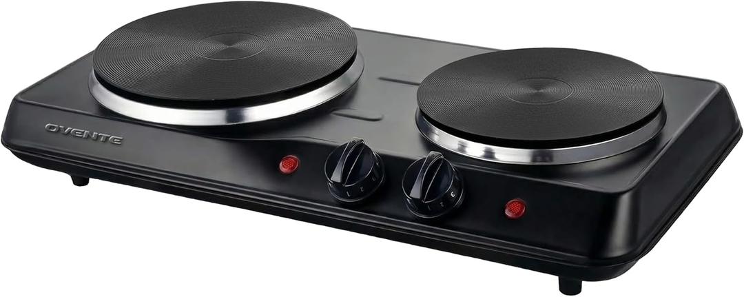 OVENTE Electric Countertop Double Burner, 1700W Cooktop with 7.25" and 6.10" Cast Iron Hot Plates, Temperature Control, Portable Cooking Stove and Easy to Clean Stainless Steel Base, Black BGS102B