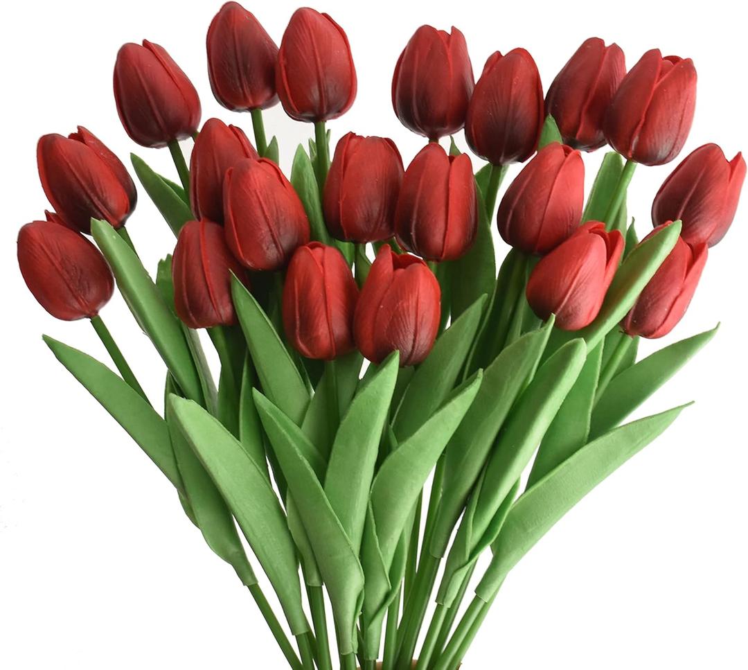20pcs Artificial Tulips Flowers Fake Faux PU Tulip Bouquet Real Touch Flower Arrangement for Home Room Office Party Wedding Decoration Excellent Gift Idea for Mothers Day(Currant Red)