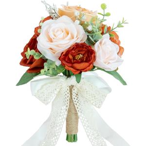 Wedding Bouquets for Bride Bridesmaid, Artificial Burnt Orange Bride Flower Bouquet for Wedding Church Decoration Ceremony, Anniversary, etc, Roses Flowers