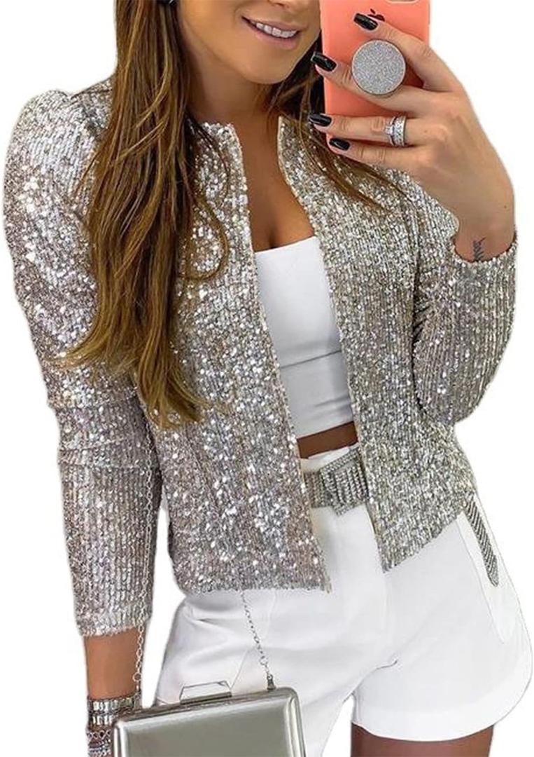 qfmqkpi Womens Sparkly Sequin Open Front Blazer Coat Puff Long Sleeve Crop Jacket (Medium, Silver)