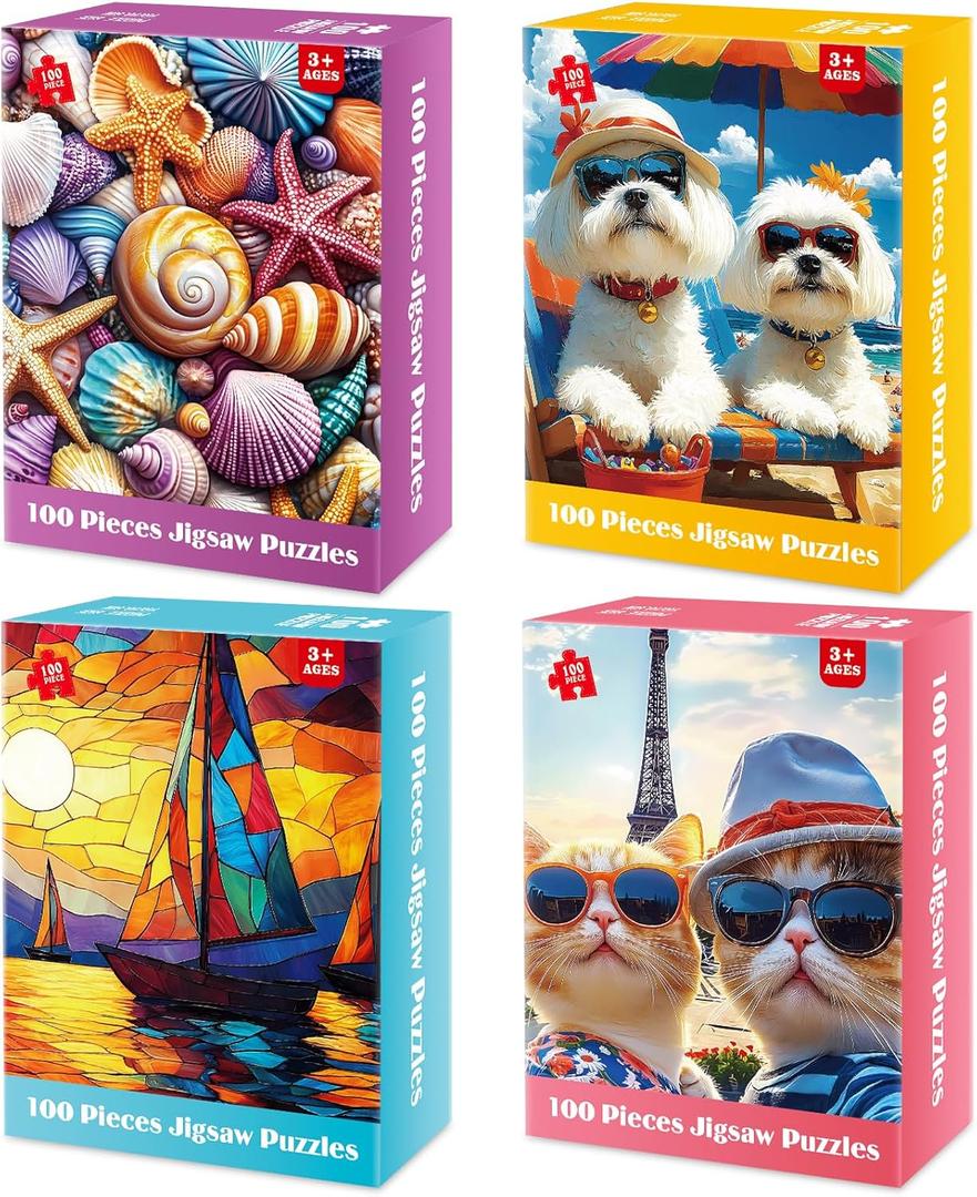 100 Piece Puzzles for Kids Ages 4-6 6-8 8-10, Shells Sailboat Cats & Dogs Jigsaw Puzzles, Fun & Engaging Kids Puzzle, for Boys and Girls Puzzle Toys as Home Decor