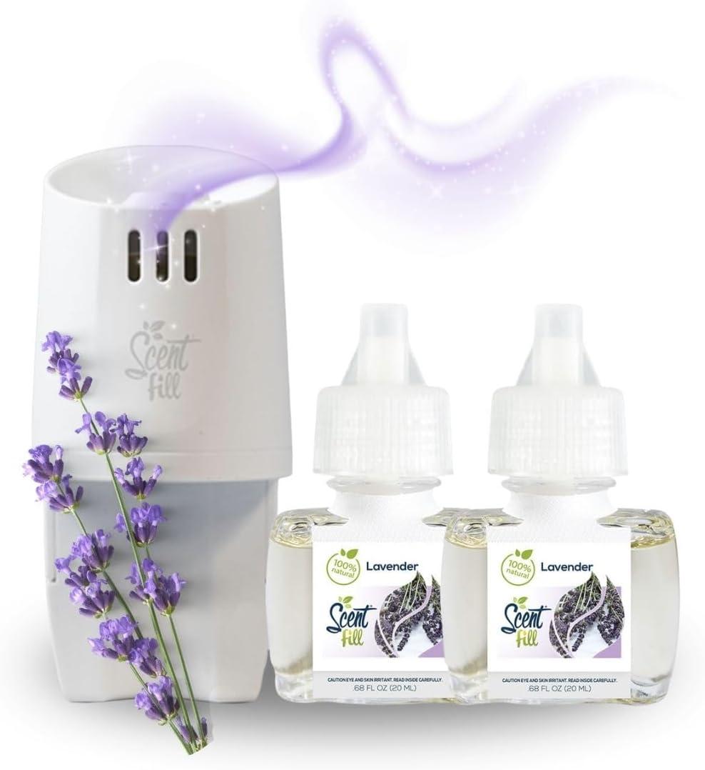 Scent Fill 100% Natural Lavender Plug in Air Freshener, Scented Oil Refills, 2 Refills + Diffuser