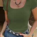 LOLONG Womens Short Sleeve Ribbed T Shirts Summer Casual Square Neck Lace Patchwork Tops