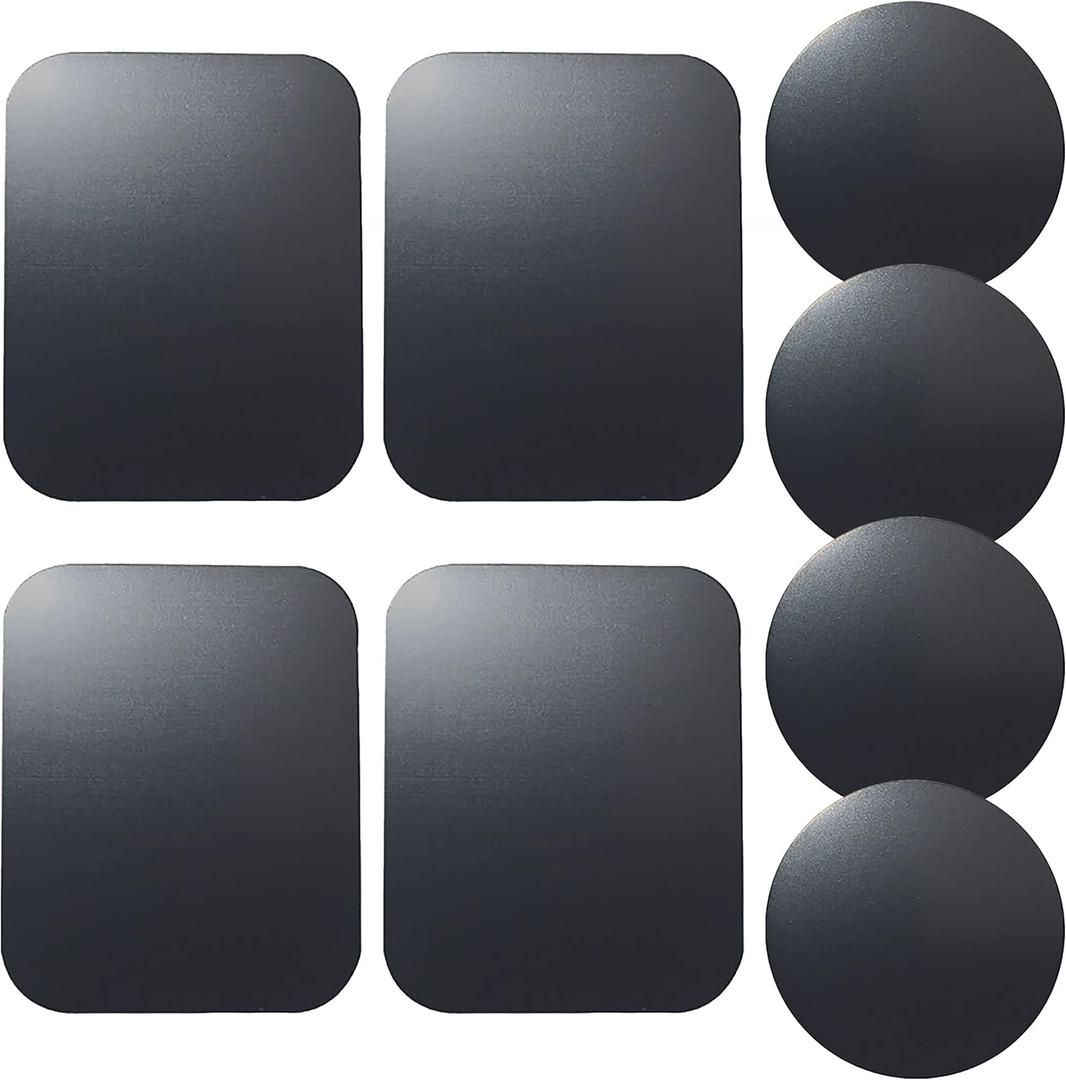 Replacement Metal Plates Set (8 Pack) for Magnetic Car Phone Holders, Wall, Air Vent Mounts, Cases, Magnets. Kit of 4 Black Round and 4 Rectangular Iron Discs Without Holes. 3M Adhesive Backing.