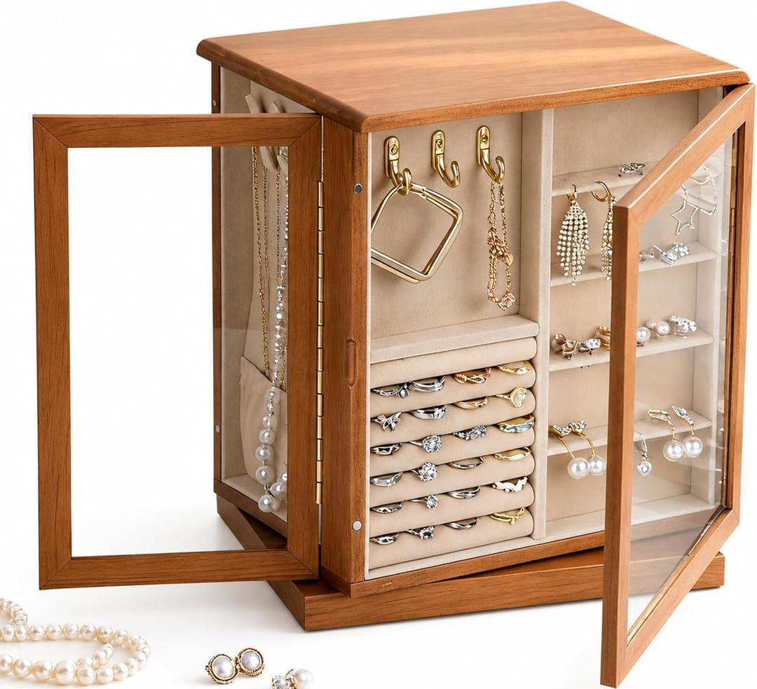 Clasin Home 5 Layer Jewelry Box 360 Rotating, Large Jewelry Organizer for Women with Glass Window for Ring Earrings Necklace Bracelet, Durable Solid Wooden Jewellery Box Vintage Style for Gifts