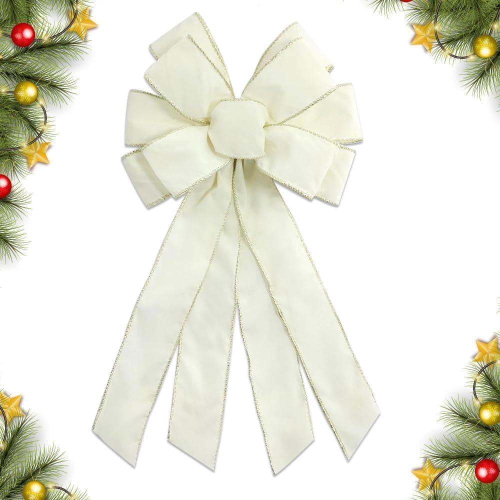 Christmas Wreath Bow 20 x 11 Inches Large Christmas Bows Cream Velvet Bow Winter Farmhouse Bow Xmas Tree Topper Ornament Bow for Home Front Door Decorations (White)