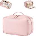 Travel Toiletry Bag with Jewelry Compartment, Waterproof PU Leather Makeup Bag with Separate Brush Holders, Portable Open Flat Cosmetic Organizer (Pink)