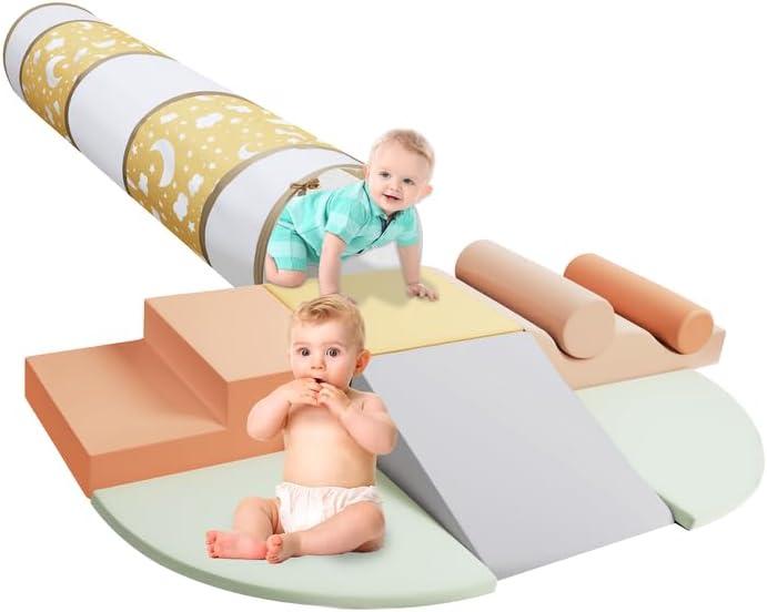 Climbing Toys for Toddlers, 9-Piece Soft Foam Climbing Blocks Set&Crawl Through Tunnel, Toddler Climbing Toys Indoor Foam Play Gym for Climbing Crawling and Sliding