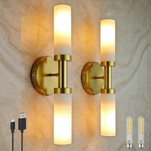 Dimmable Gold Battery Operated Wall Sconce, Rechargeable Bathroom Wall Lights Wireless Easy Install, Brass Modern Wall Lamp for Living Room Hallway Over Mirror Indoor