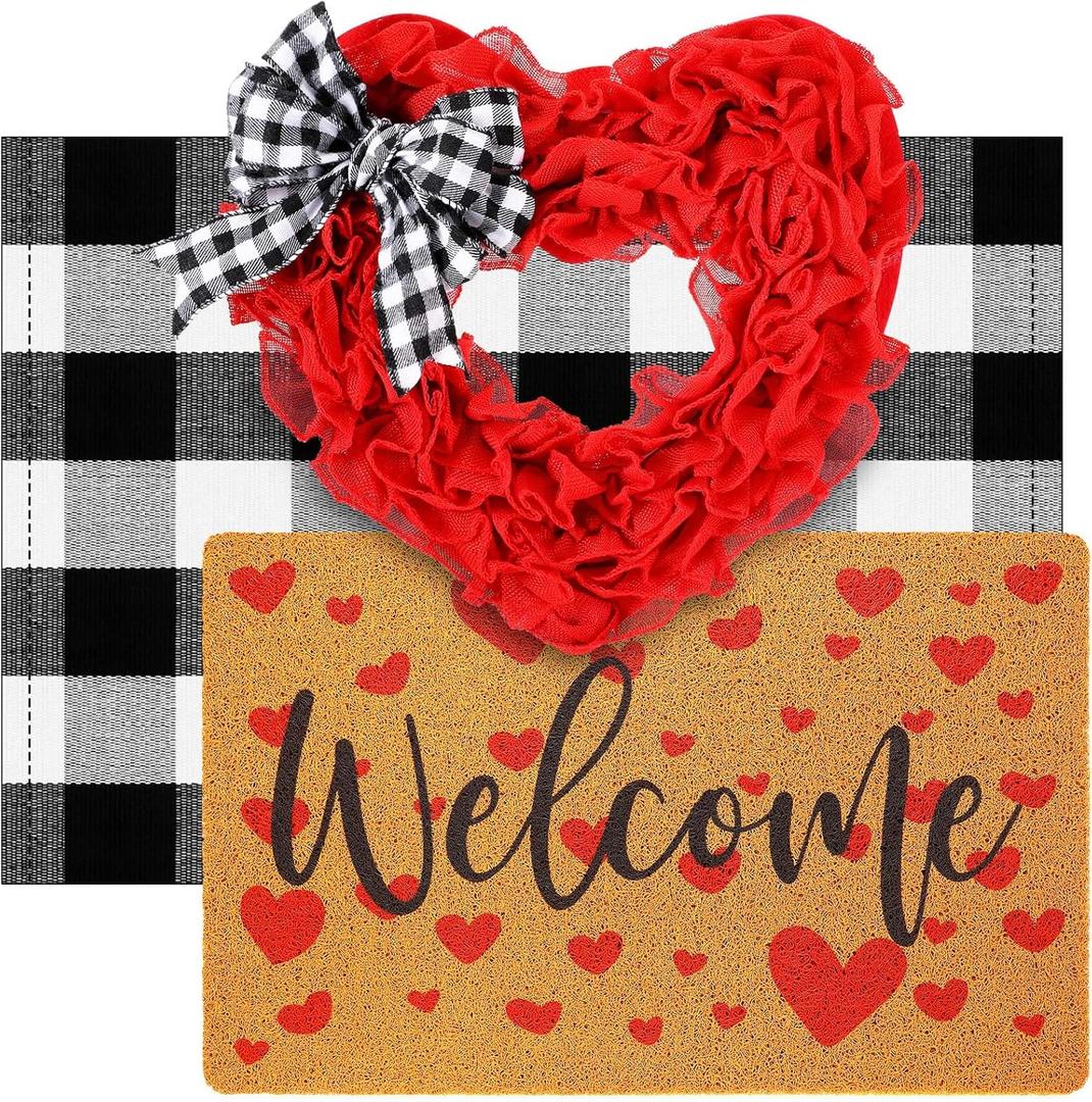 Timgle 3 Pcs Valentine's Day Doormat Sets with Red Heart Door Mat Checked Floor Mat and Bows Heart Wreath Rubber Non Slip Backing Rug Washable Doormat for Valentine's Party Decor