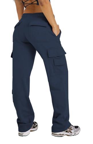 Waitfairy Wide Leg Sweatpants Women Cargo Pants Fleeece High Waisted Baggy Sweatpants for Women Casual Pants with 8 Pockets Navy Blue XL