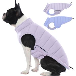 Lelepet Reversible Dog Coat Waterproof Dog Jacket Windproof Puffer Vest for Winter Warm Lightweight Coats for Small Dogs Adjustbale Hook & Loop Pet Apparel with Leash Hole, Pug, Purple, M