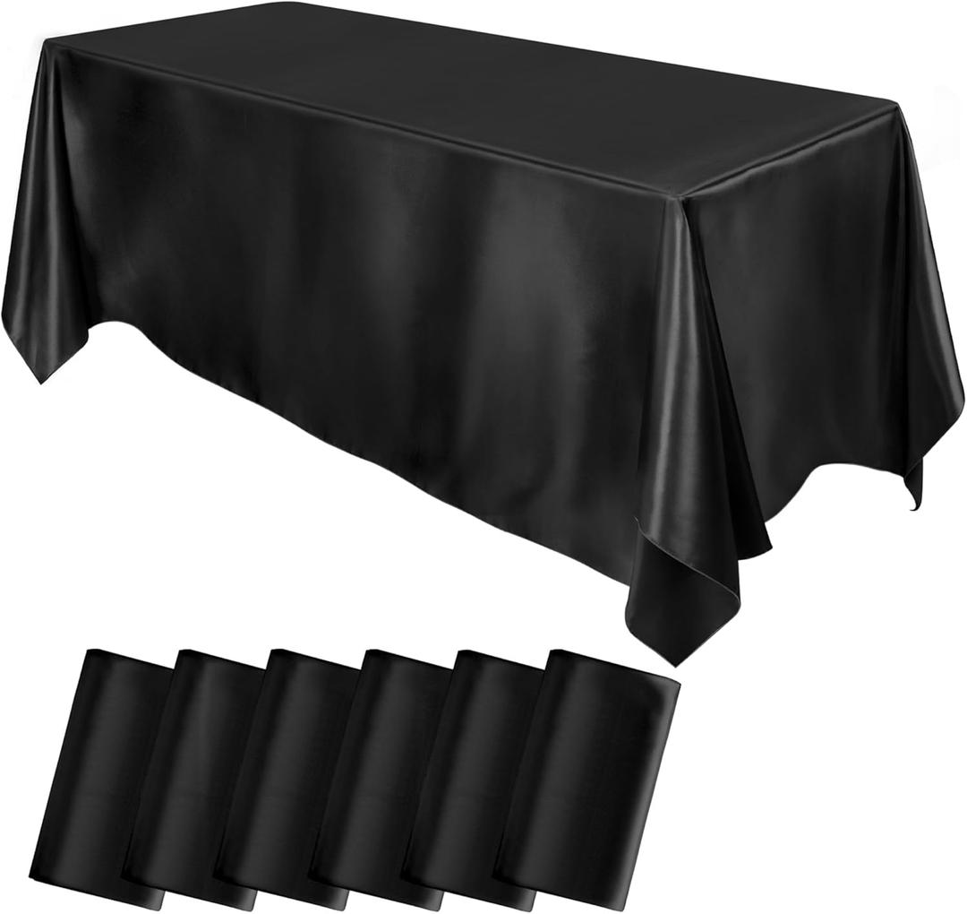 MCEAST 6 Packs Satin Tablecloth 102 x 58 Inches Rectangular Table Overlay Cover Bright Silk Tablecloth Smooth Fabric Table Decor for Wedding Banquet Decoration (Black)