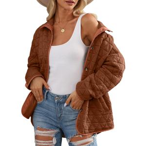 EVALESS Women's Lightweight Diamond Quilted Jacket Casual Winter Open Front Button Down Puffer Coat Outwear Cardigan (Medium, Coffee)