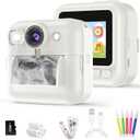 Kids Instant Print Camera for Girls Age 3-8, Toddler Travel Selfie Video Camera Toys with Color Pens (White)