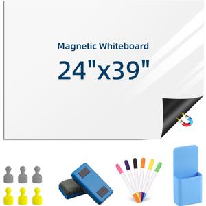 Magnetic Dry Erase Whiteboard for Refrigerators, 24" x 39" White Board on Wall for Organizer and Planner, Kitchen Fridge Shopping List with Marker, Magnetic Eraser and Magnets