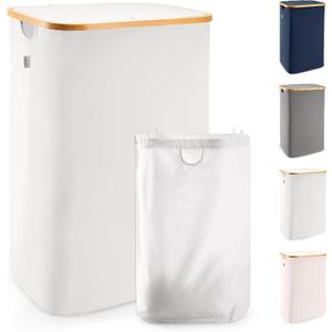 LONBET 26 Gal. Laundry Basket with Lid, Made from Breathable Fabric Aesthetic Clothes Hampers for Laundry with Side Handles & Sturdy Bamboo Frame Laundry Hamper with Lid & Removable Bag, Light Gray