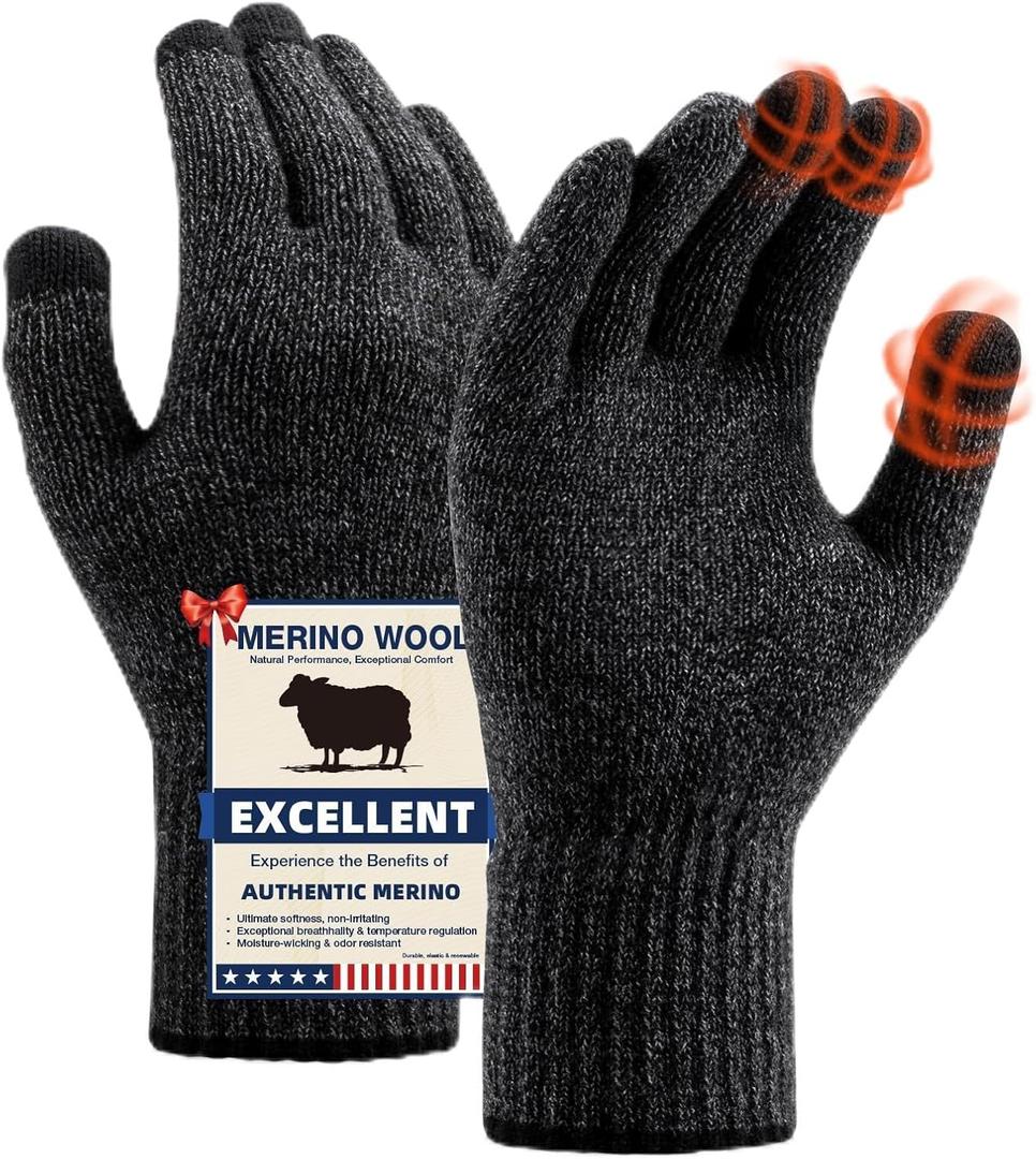 Merino Wool Gloves for Men Women, Touch Screen Warm Glove Liners Thermal Soft Knit Lining for Winter Running Hiking (Small/Medium, C01-(black Gray))