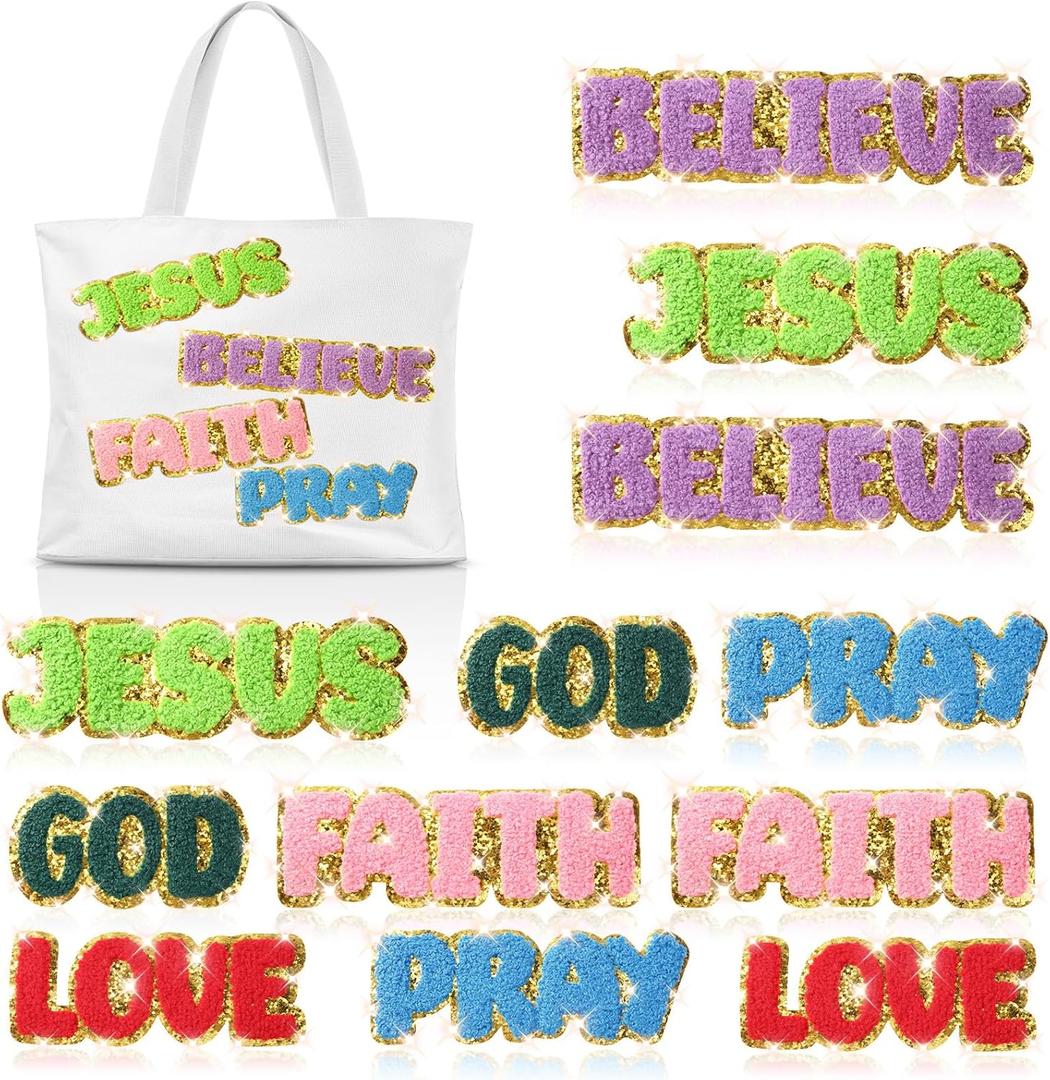12 Pcs Christian Embroidered Iron on Patches Applique Chenille Patches Bulk Motivational Religious Sew On Applique for Clothes Backpacks Hats DIY Accessories(Colorful)