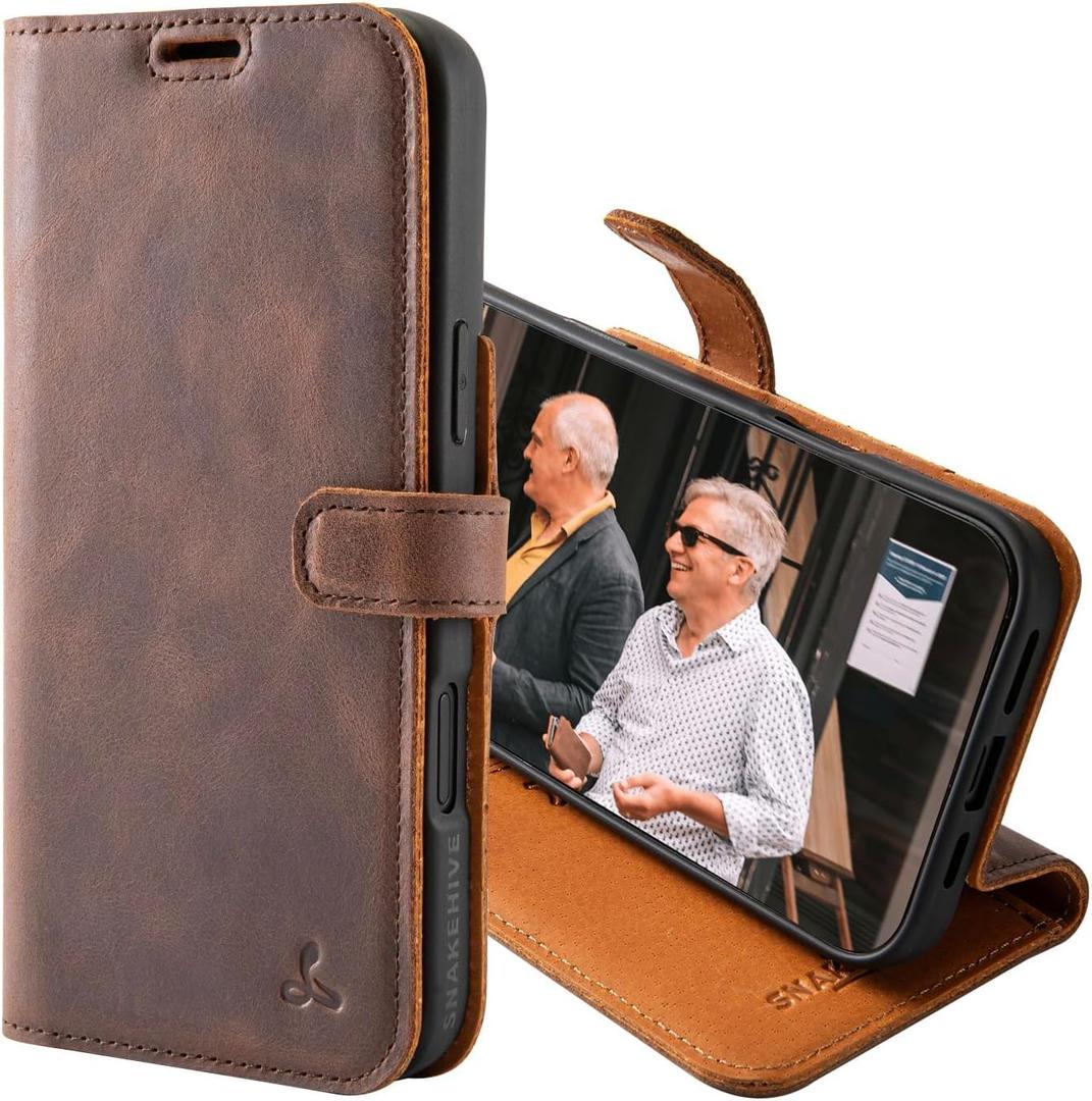 Snakehive Leather Wallet for iPhone 16 Pro Max - Real Leather Wallet Phone Case - Genuine Leather with Viewing Stand and 3 Card Holder - Flip Folio Cover with Card Slot (Brown)