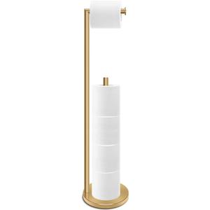 RRM Toilet Paper Holder Stand, Bathroom Free Standing Toilet Paper Holder with Reserve Storage 3-4 Toilet Paper Rolls, Double Rod 26.4-inch Stainless Steel Toilet Paper Storage (Golden)