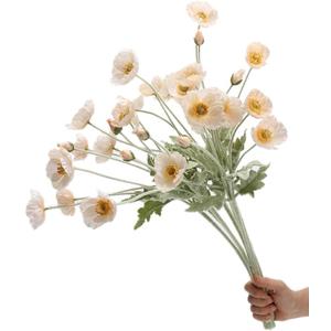 Set of 6 Poppies Flowers Artificial Silk Flowers with Long Stems Faux Wildflowers Bouquet for Vases Oil Pastel Style for Wedding Party Indoor Home Office Decor (Champagne)