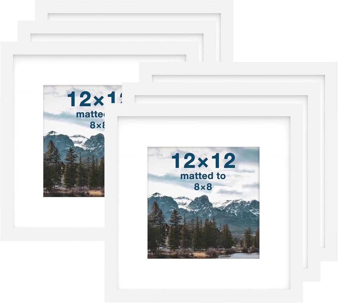 FrameWorks 12x12 mat to 8x8 Classic Wooden Picture Frames Tempered Glass/White / 6-Pack