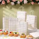 Kolldenn 24 Pcs Gingham Party Supplies Beige and White Gift Bags 8.27 x 6.3 x 3.15 Inch Kraft Paper Checkered Plaid Candy Goodie Party Favors Bags for Easter Picnic BBQ Birthday Baby Shower Wedding
