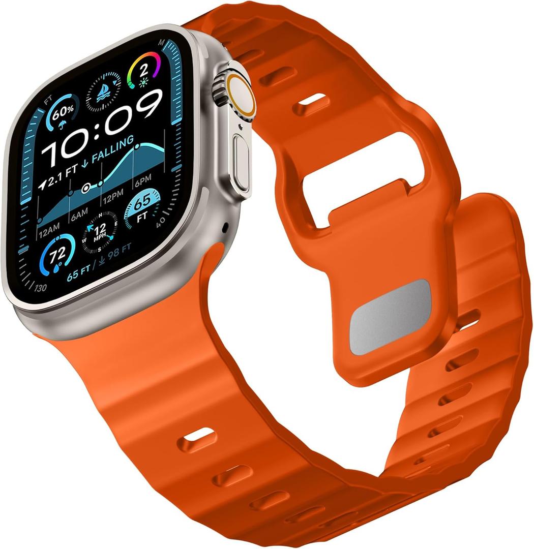 Bandletic FKM Fluoroelastomer Strap for iWatch Ultra 2 Bands for Men 49mm, Soft Durable Sport Band Compatible with Apple Watch Series 10 (46mm), 9/ 8/ 7 (45mm), SE2/ SE/ 6/ 5/ 4 (44mm), 3/ 2/ 1 (42mm), Orange