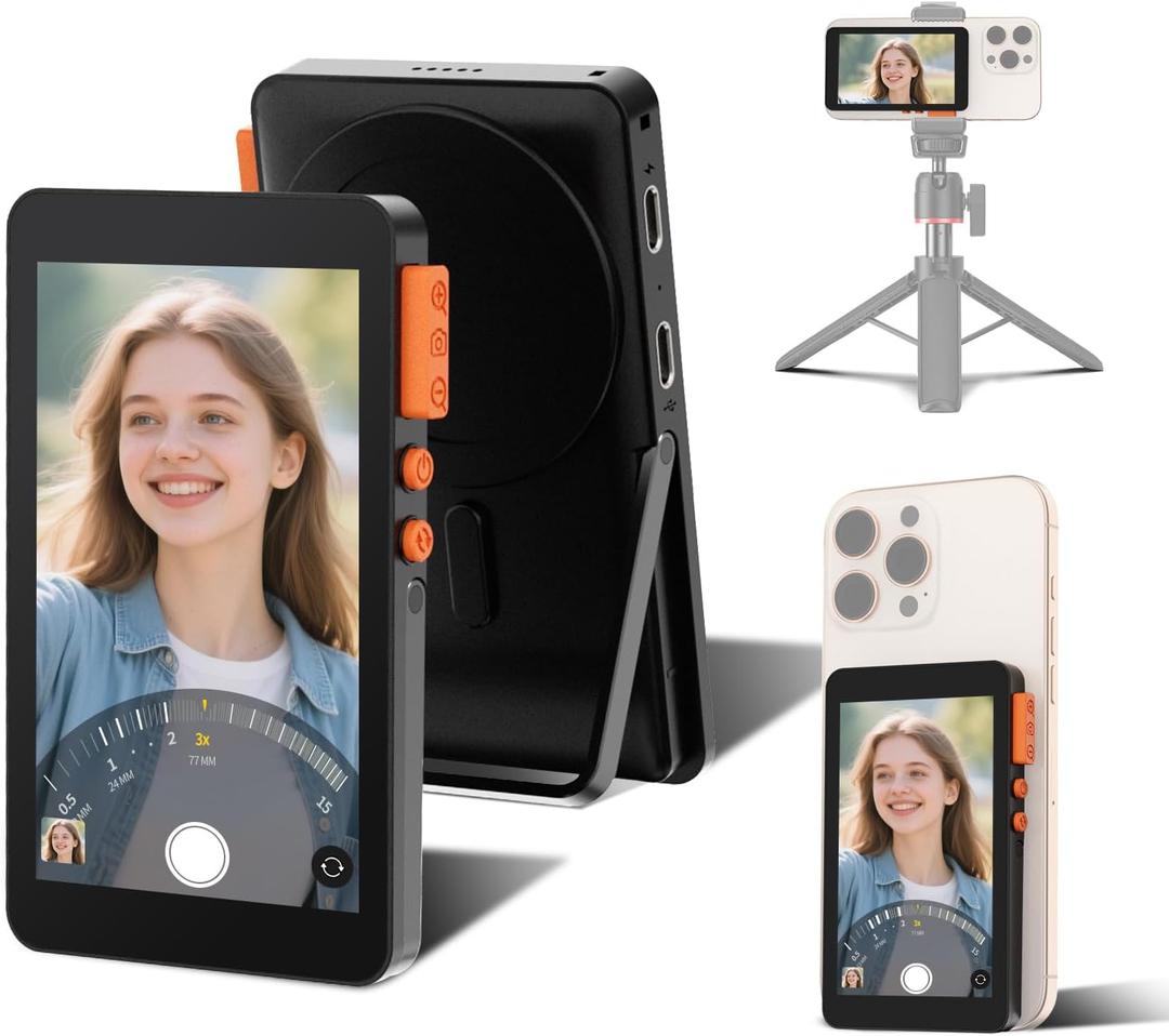 Selfie Monitor Screen for iPhone, Magnetic Screen Mirroring Back Camera Monitor with Desktop Stand 3-Level Brightnes Bluetooth Focus Selfie Monitor Screen for YouTube Vlog Live Stream TikTok (Black)