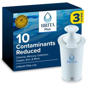 Brita Plus Water Filter, BPA-Free, High-Density Replacement Filter for Pitchers and Dispensers, Reduces 2x Contaminants*, Lasts Two Months or 40 Gallons, Includes 3 Filters