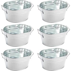 Juvale 6-Pack Small Oval Galvanized Bucket Planters with Handles - 7.5 x 6.4 x 4 in Silver Rustic Metal - Versatile Indoor & Outdoor Floral Party Favors & Home Decoration