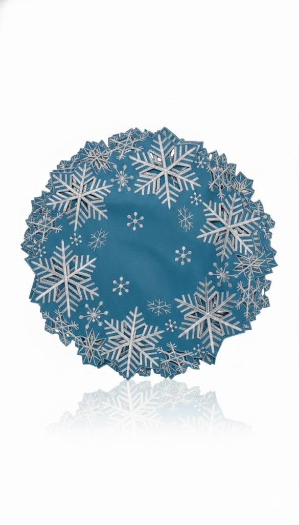 Simhomsen Set of 4 Embroidered Snowflakes Round Doily Placemats Round 15 Inches for Christmas Holiday and Winter, Dining Table Centerpieces Blue
