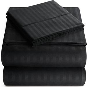 Elaine Karen Full Sheet Set - 4-Piece Striped Full Size Bed Sheets - Soft & Cooling Deep Pocket Full Bed Sheet Set - Wrinkle-Free Microfiber Bedding with 1 Fitted Sheet, 1 Flat Sheet, 2 Pillowcases (Black)