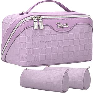 Travel Makeup Bag Organizer Cosmetic Bag: 3 Pcs Set Make up Bags for Women with Handle - Waterproof Vegan Leather Toiletry Bags with Comparments (C-01-Purple)