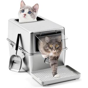 Maxdot Stainless Steel Litter Box with Lid, XL Large Enclosed Metal Cat Litter Box with Scoop and Mat, Front Entry Top Exit, Odor Control, Non-Sticky, Easy to Clean, 23.6 x 15.7 x 15.7 Inches